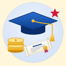 Graduation cap, diploma and coins